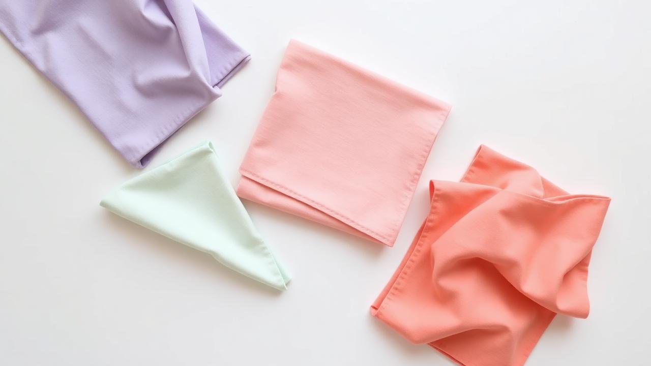 Tissus pastel pliés lavande rose menthe et corail sur fond blanc