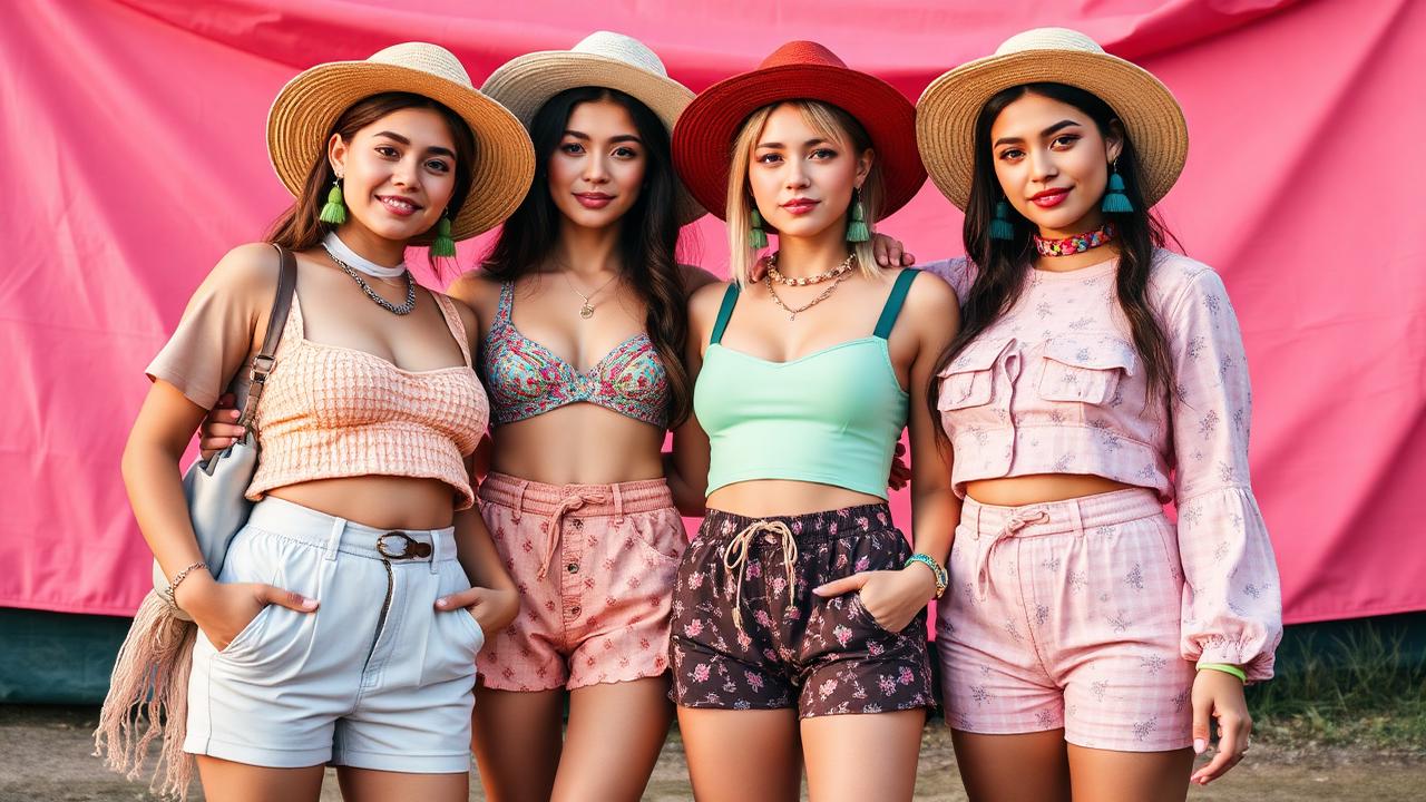 Quatre femmes en tenues festival pastel devant une bâche rose