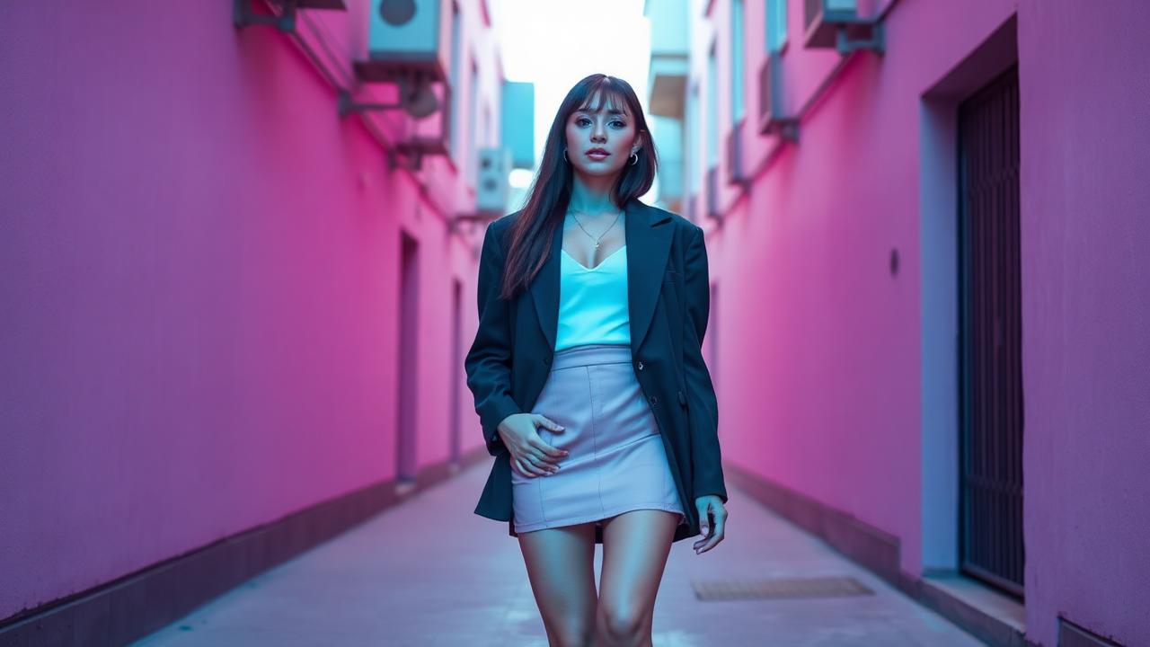 Femme en blazer oversized et mini jupe dans une ruelle vapor wave