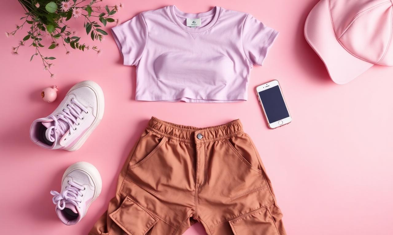Flatlay d'une tenue inspirée des réseaux : crop top lavande, cargo et baskets