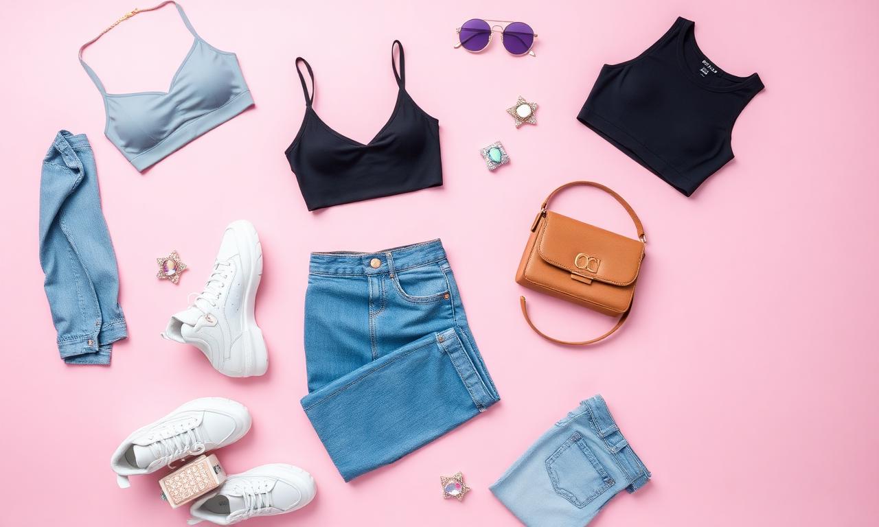 Flatlay des 10 tendances mode virales de la saison sur fond rose